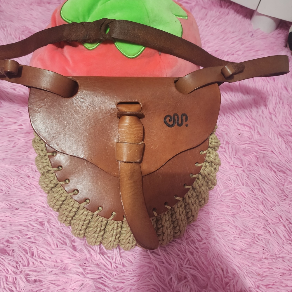 Vintage  Brown Leather Saddle Bag with Woven Accents